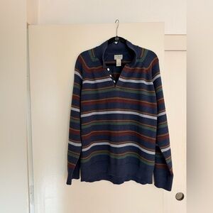 L.L. Bean Men's Quarter Button Sweater - Navy, Green, Brown Stripes